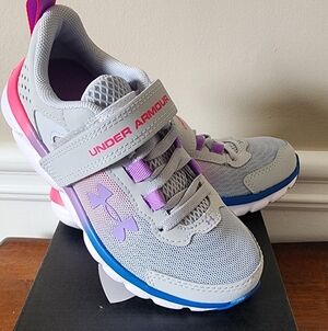 Under Armour Gray and Purple Kids' Sneakers with Blue Trim